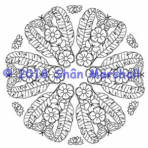 Round adult coloring page with butterflies, leaves and flowers